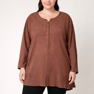 Funky People Womens 3XL Brown Embroidered Tunic Top Boho Long Sleeve Cotton